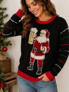 Vintage Ugly Christmas Sweater Santa Beer Graphic | Medium | Holiday Party